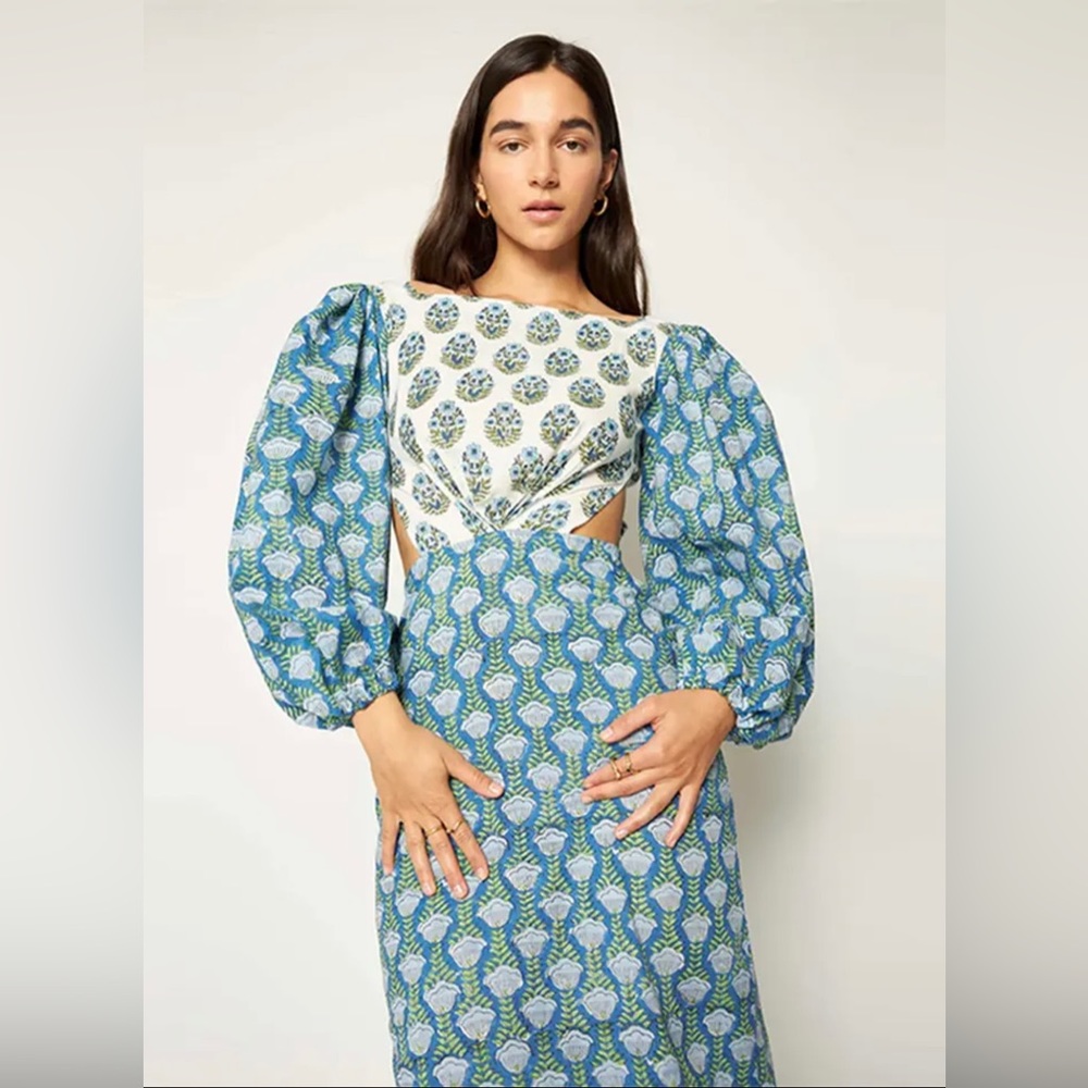Printed Hollow Out Lace Up Dress Women Long Puff Sleeve Backless Big Bow